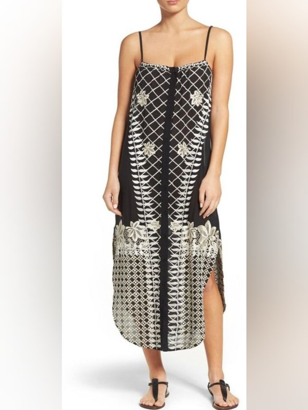 Red Carter Black Midi Maxi Tea Dress with Cream Embroidered Lattice Medium